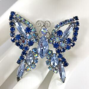 Vintage Blue Butterfly Brooch AB Rhinestones Rhodium Plated Weiss Style
